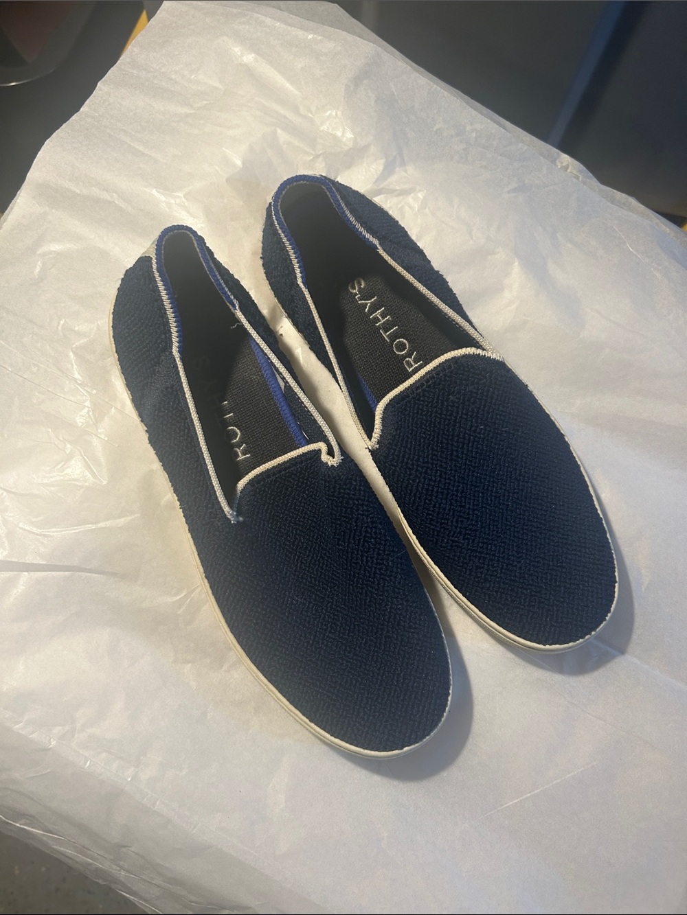 Rothy's Navy Knit Slip-On Loafers with White Trim